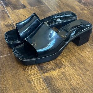 French Connection Black Patent Platform Slide Mules